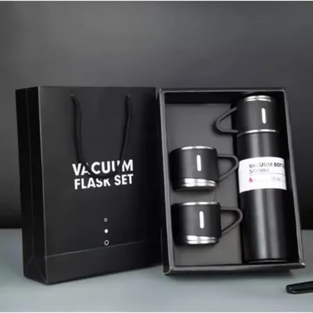 Термос 500 мл с набором кружек 3шт в подарочной упаковке VACUUM FLASK SET серый,черный/1