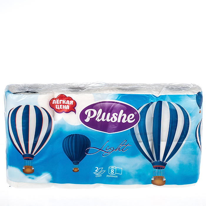Бумага туалетная PLUSHE Light, 8 рулонов., 2 слоя, 15метров, белая, 8 в упаковке./8